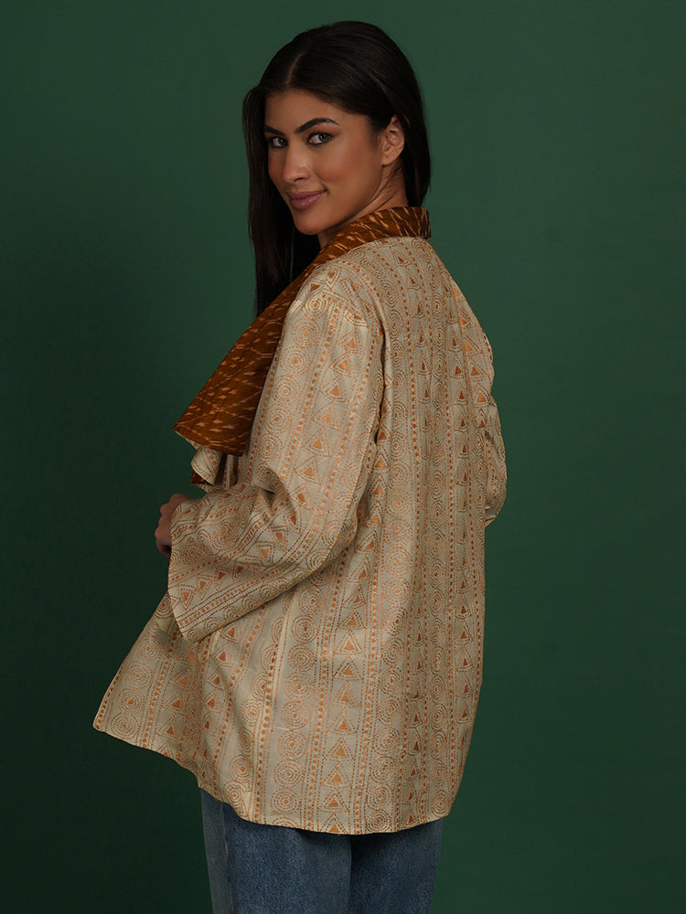 Cream Colour Kantha & Mustard Ikkat Cotton Short Overlay