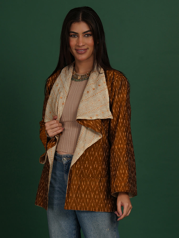 Cream Colour Kantha & Mustard Ikkat Cotton Short Overlay