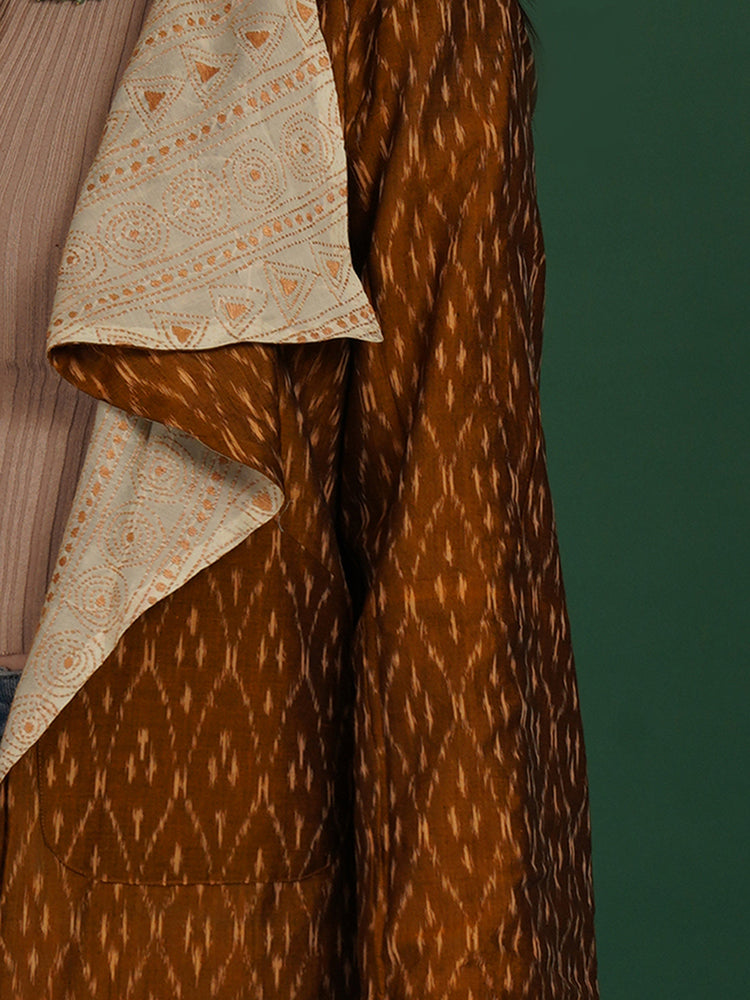 Cream Colour Kantha & Mustard Ikkat Cotton Short Overlay