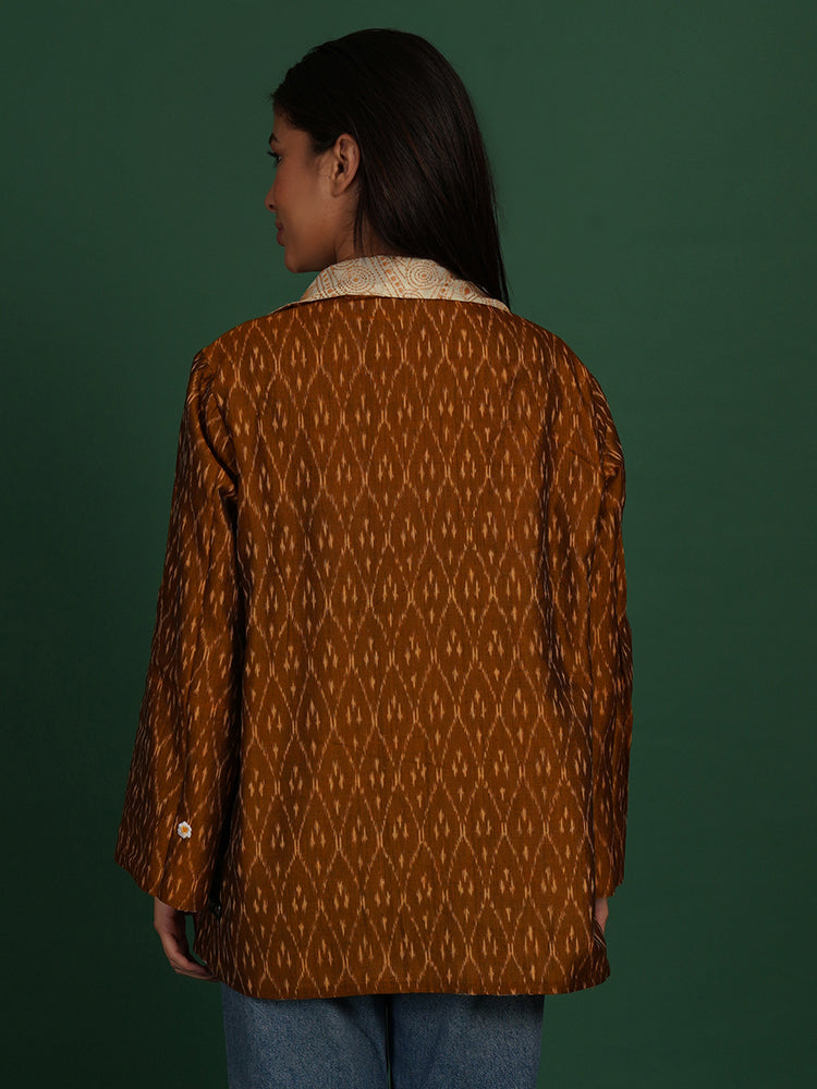 Cream Colour Kantha & Mustard Ikkat Cotton Short Overlay