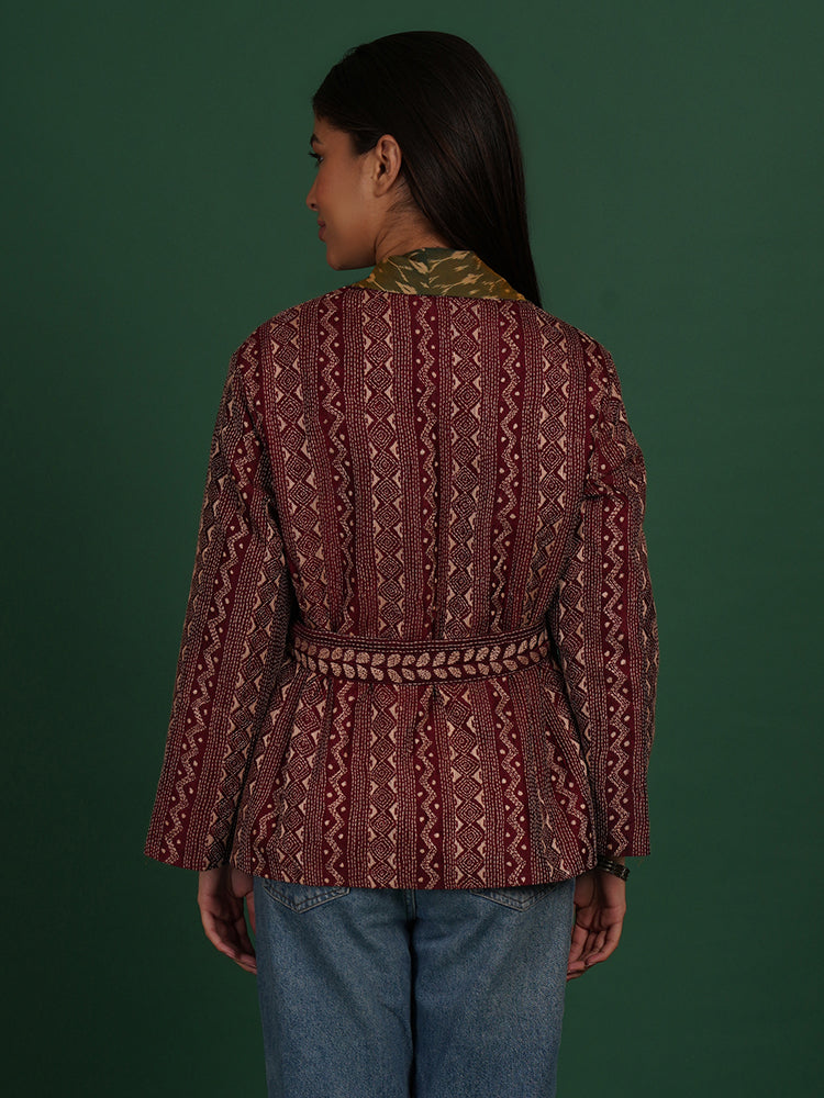 MAROON KANTHA GREEN IKAT COTTON SHORT JACKET