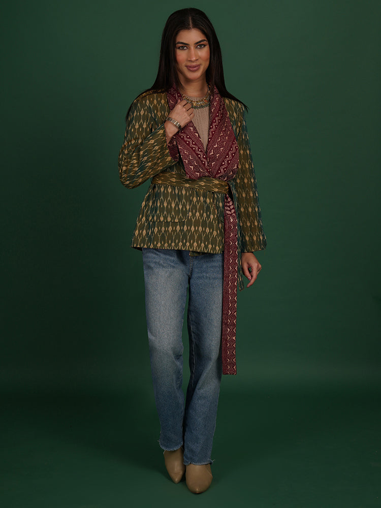 MAROON KANTHA GREEN IKAT COTTON SHORT JACKET