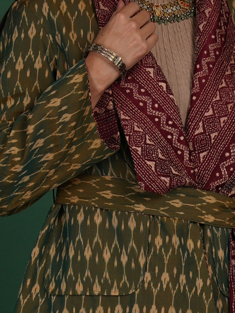 MAROON KANTHA GREEN IKAT COTTON SHORT JACKET