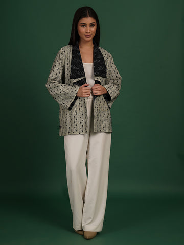 Off White Kantha & Black Ikat Cotton Short Overlay