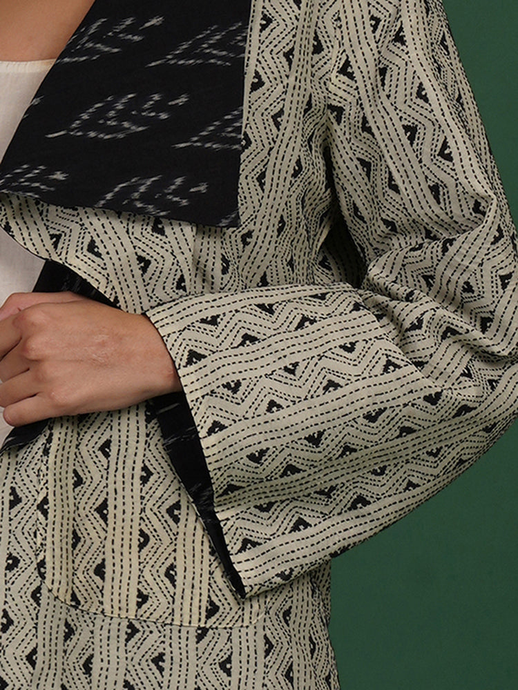 Off White Kantha & Black Ikat Cotton Short Overlay