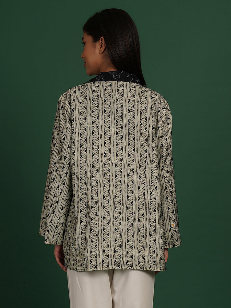 Off White Kantha & Black Ikat Cotton Short Overlay