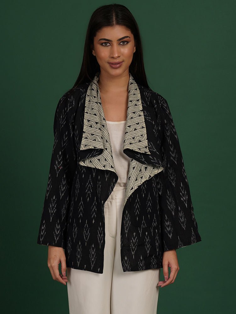 Off White Kantha & Black Ikat Cotton Short Overlay