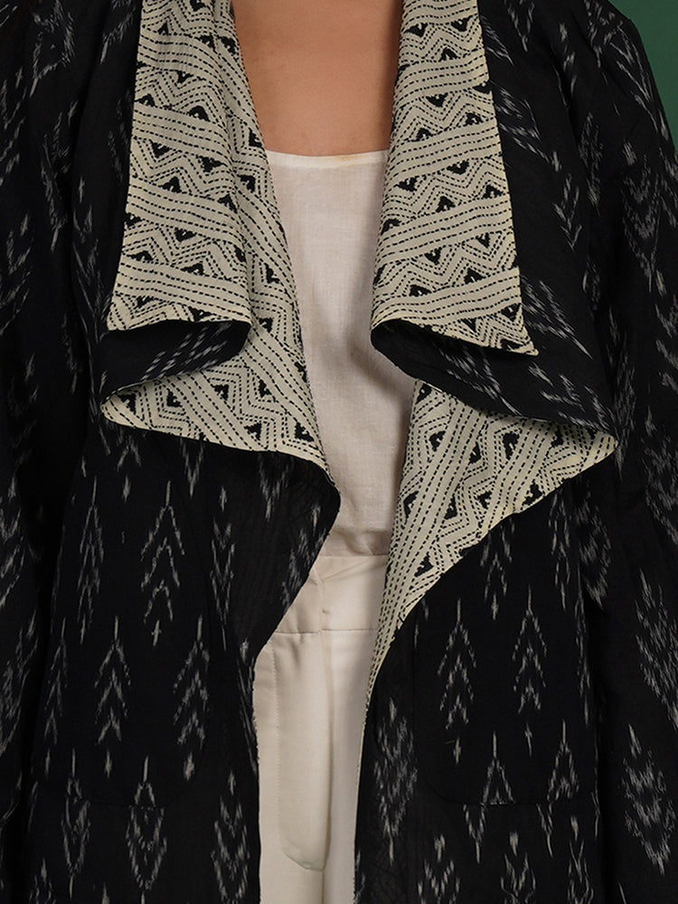 Off White Kantha & Black Ikat Cotton Short Overlay