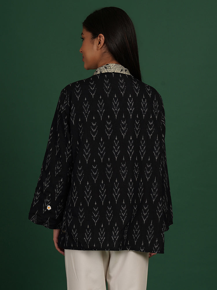 Off White Kantha & Black Ikat Cotton Short Overlay