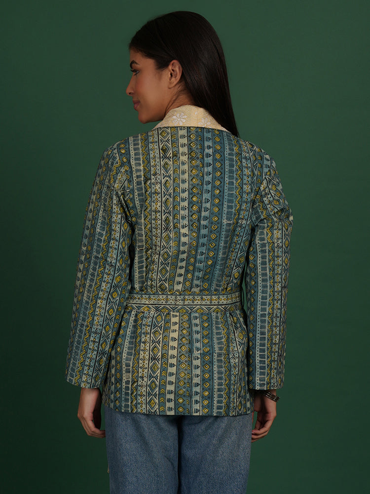 CREAM KANTHA AJRAK SHORT JACKET
