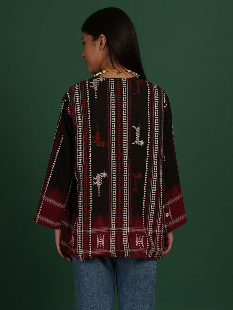 BLACK MAROON KOTPAD IKAT COTTON SHORT JACKET