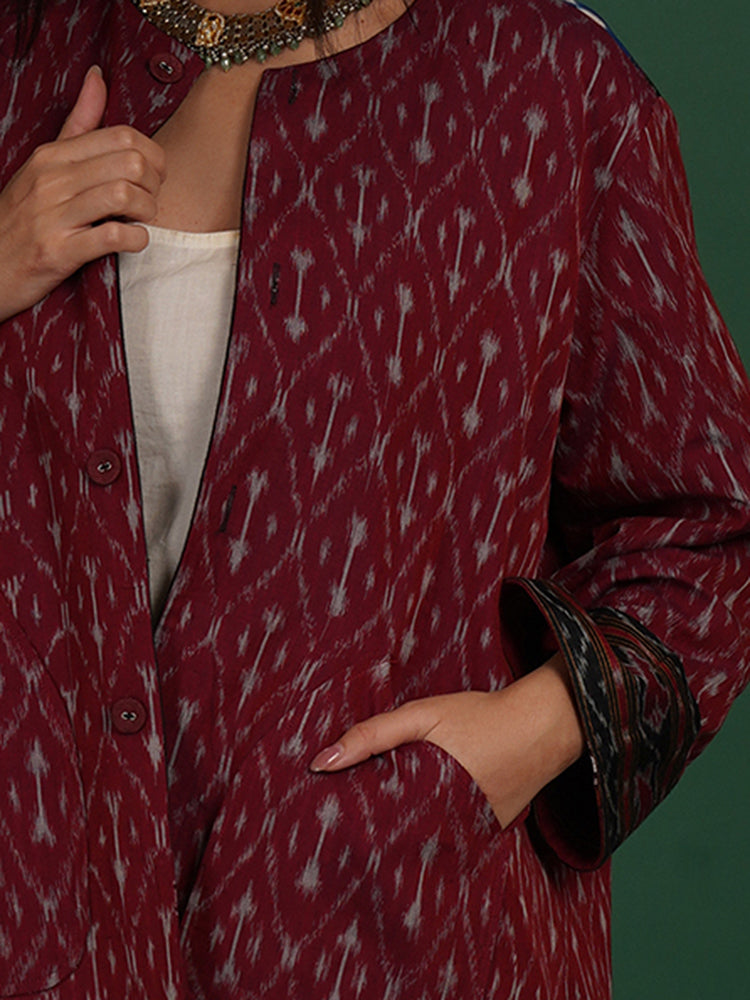 BLACK MAROON KOTPAD IKAT COTTON SHORT JACKET