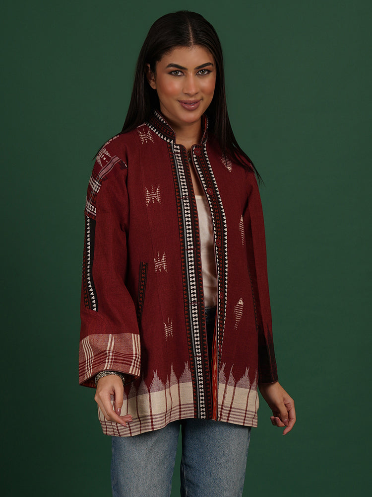 MAROON KOTPAD ORANGE IKAT COTTON SHORT JACKET