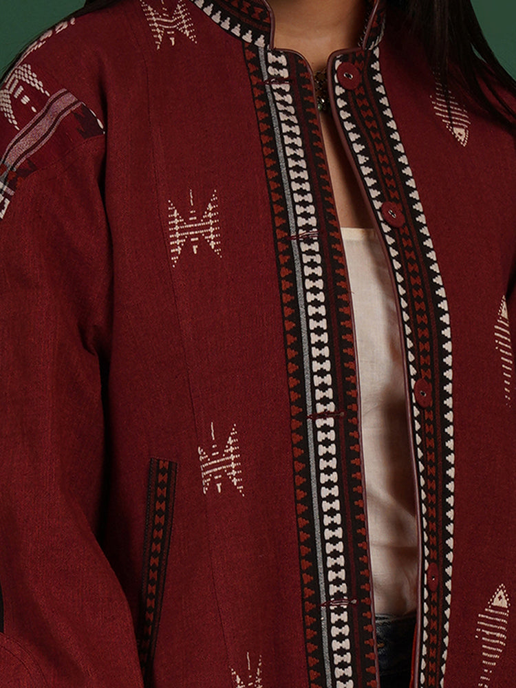 MAROON KOTPAD ORANGE IKAT COTTON SHORT JACKET