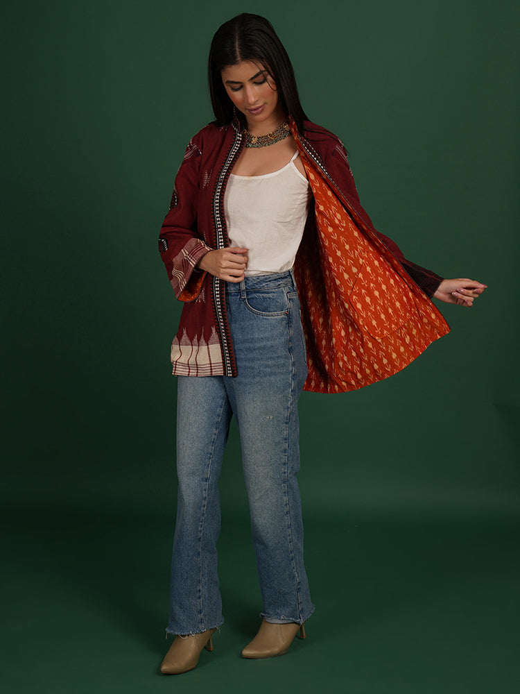 MAROON KOTPAD ORANGE IKAT COTTON SHORT JACKET