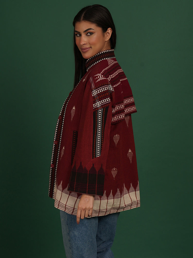 MAROON KOTPAD ORANGE IKAT COTTON SHORT JACKET