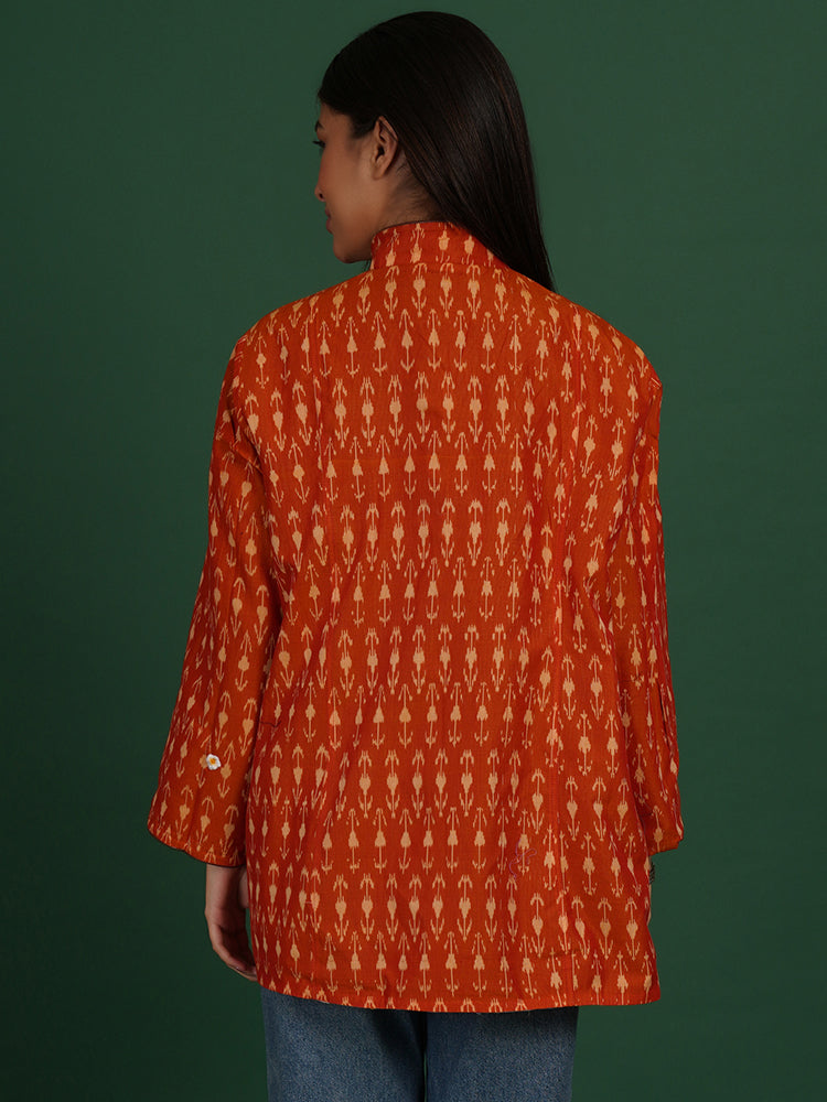 MAROON KOTPAD ORANGE IKAT COTTON SHORT JACKET
