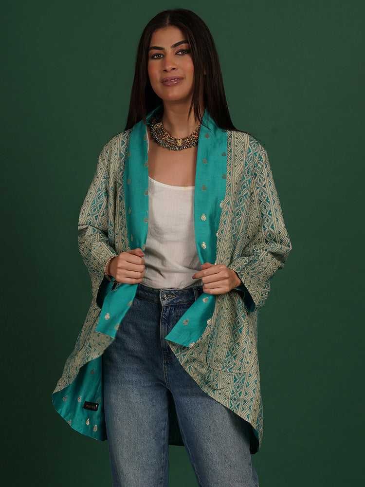 Off White Teal Green Kantha & Teal Green Overlay