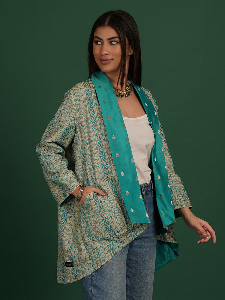 Off White Teal Green Kantha & Teal Green Overlay