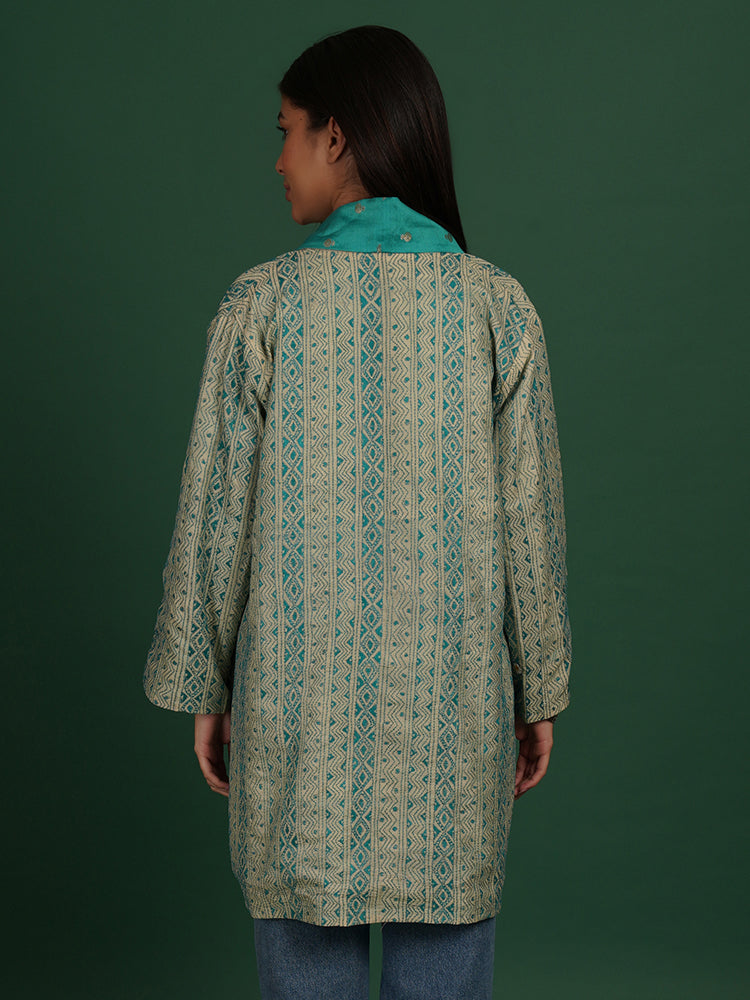 Off White Teal Green Kantha & Teal Green Overlay