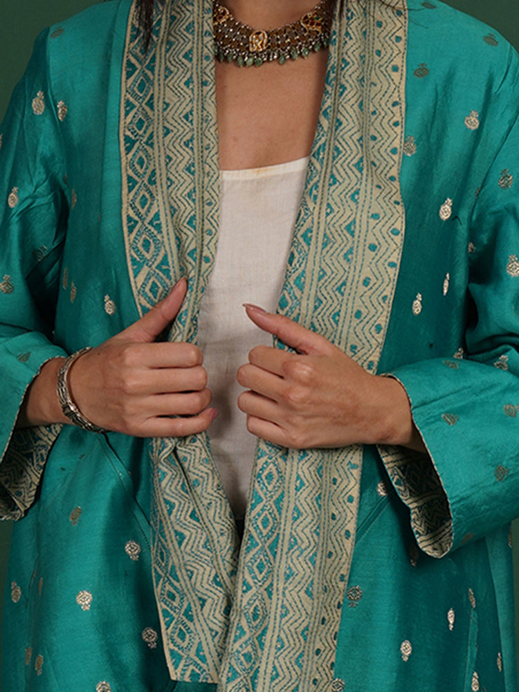 Off White Teal Green Kantha & Teal Green Overlay