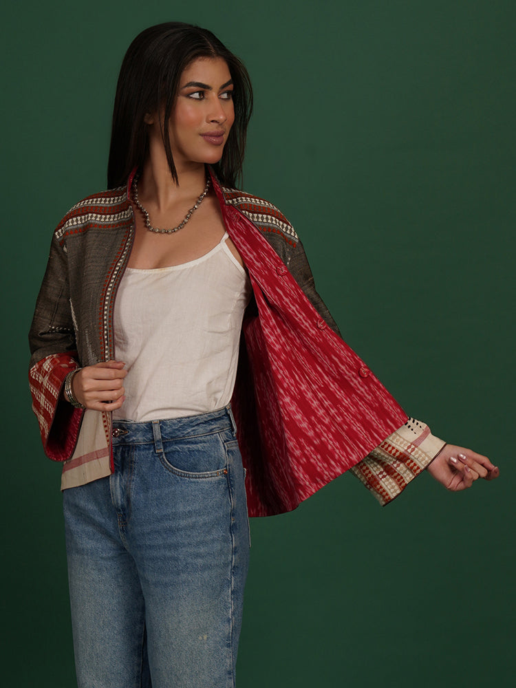GREY KOTPAD RED IKAT COTTON SHORT JACKET