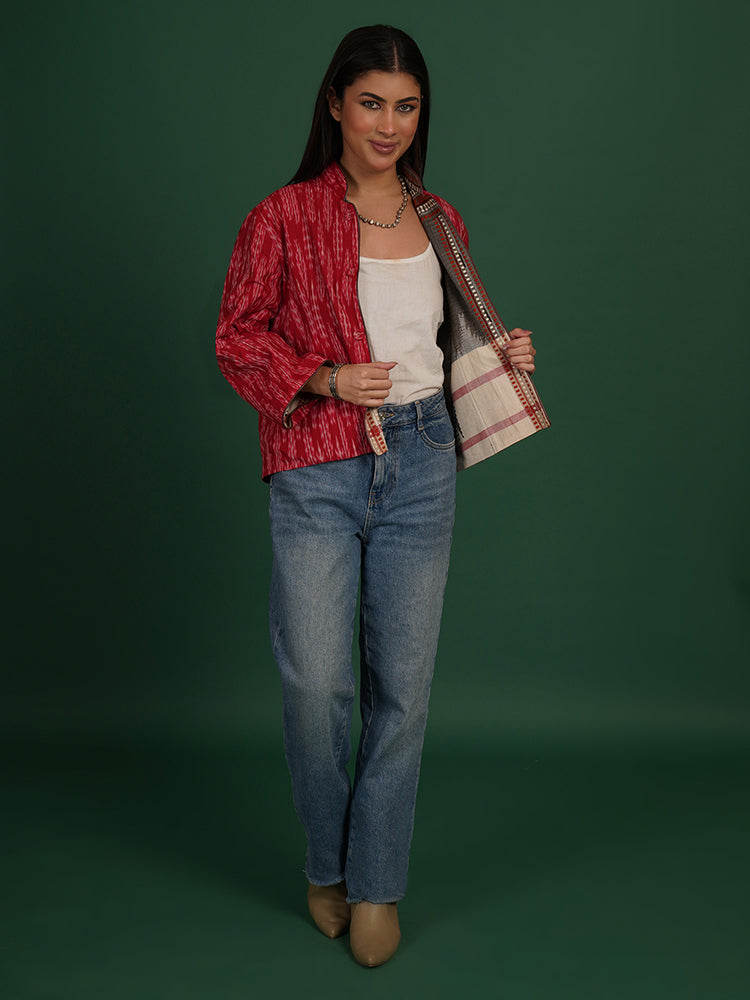 GREY KOTPAD RED IKAT COTTON SHORT JACKET