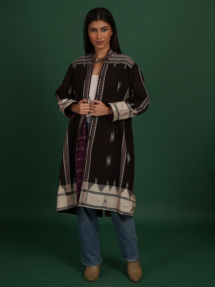 BROWN KOTPAD PURPLE IKAT COTTON LONG JACKET