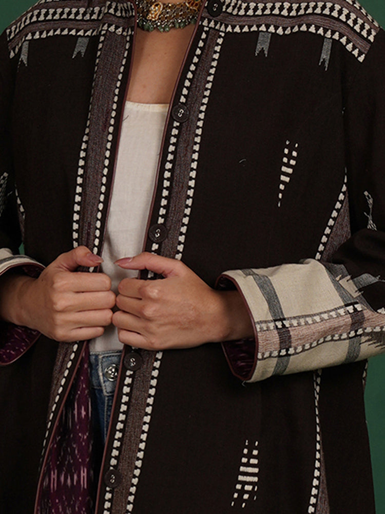 BROWN KOTPAD PURPLE IKAT COTTON LONG JACKET