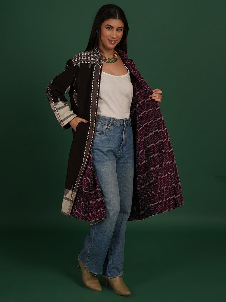 BROWN KOTPAD PURPLE IKAT COTTON LONG JACKET
