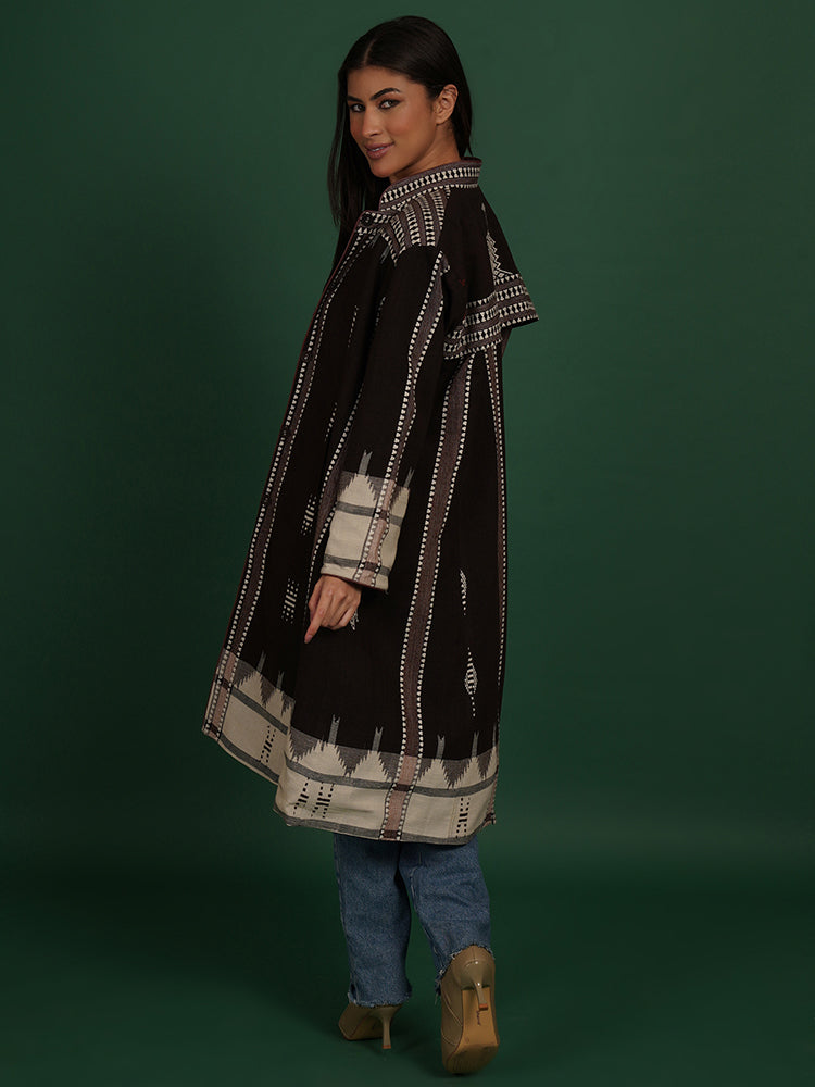 BROWN KOTPAD PURPLE IKAT COTTON LONG JACKET