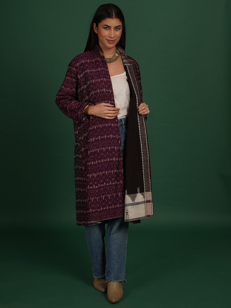 BROWN KOTPAD PURPLE IKAT COTTON LONG JACKET