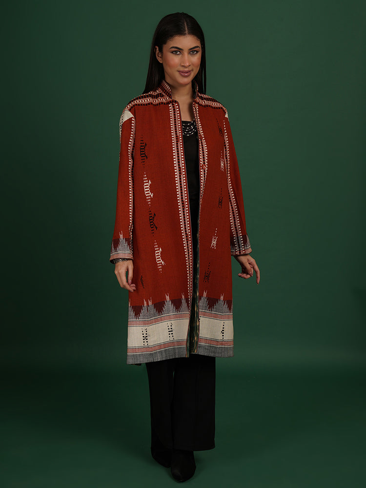 RADISH ORANGE KOTPAD GREEN IKAT COTTON LONG JACKET