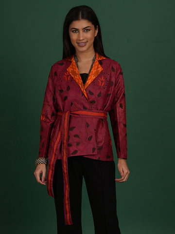MAROON KANTHA ORANGE RAW SILK IKAT SHORT JACKET