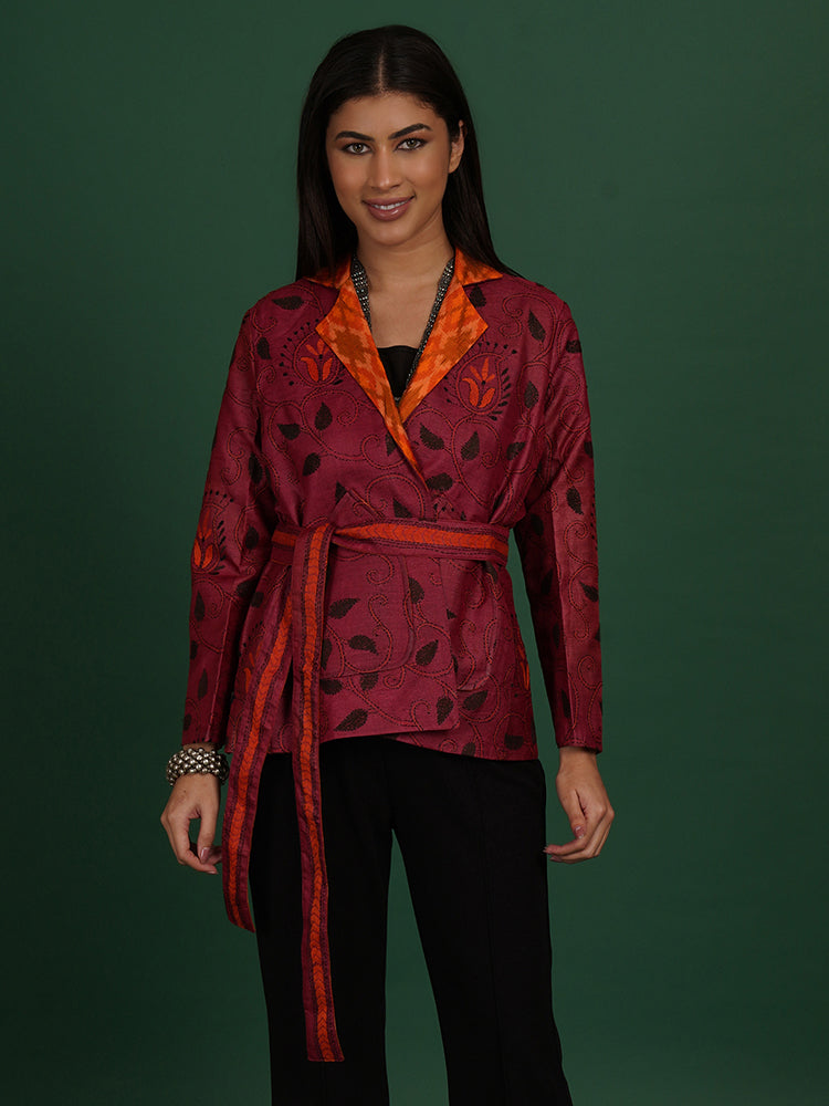 MAROON KANTHA ORANGE RAW SILK IKAT SHORT JACKET