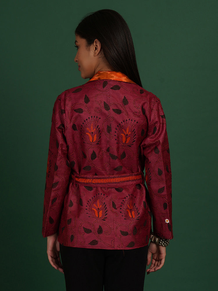 MAROON KANTHA ORANGE RAW SILK IKAT SHORT JACKET