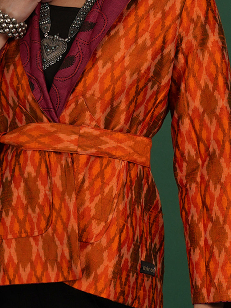 MAROON KANTHA ORANGE RAW SILK IKAT SHORT JACKET
