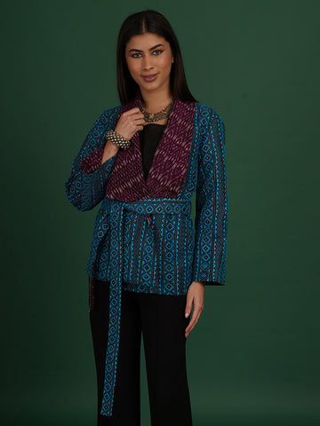 BLUE KANTHA PURPLE IKAT COTTON SHORT JACKET