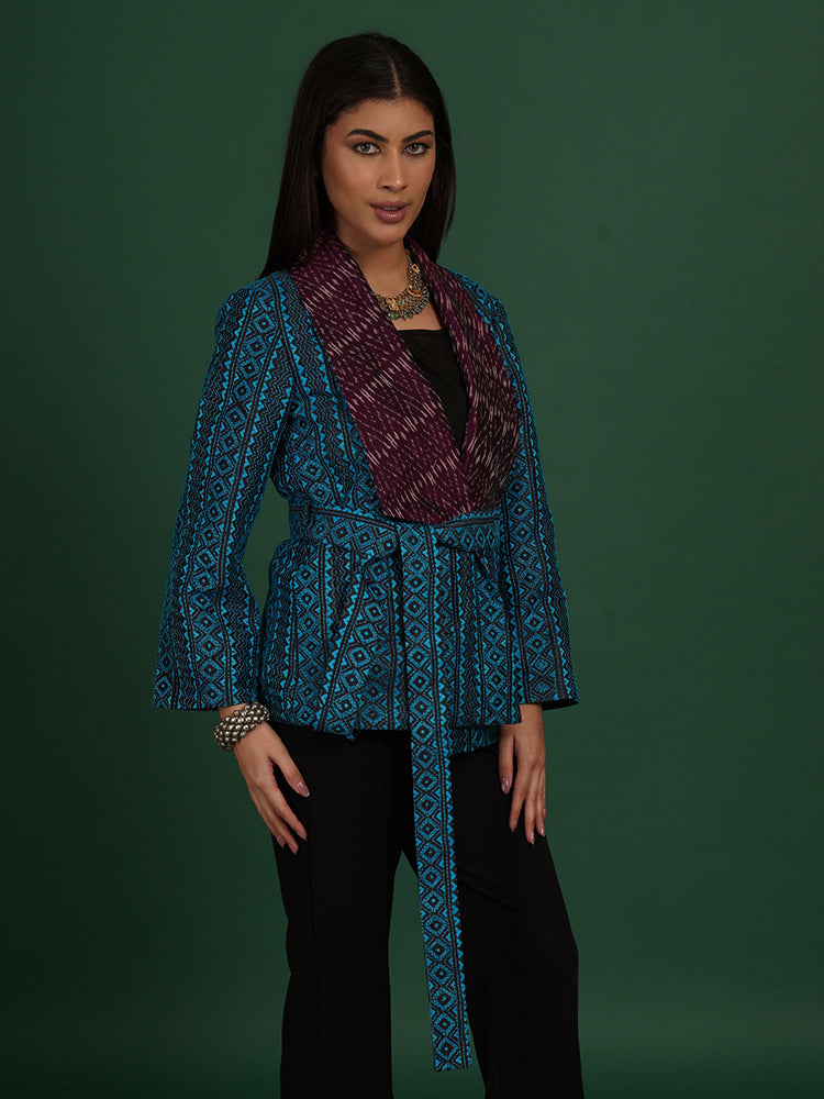 BLUE KANTHA PURPLE IKAT COTTON SHORT JACKET
