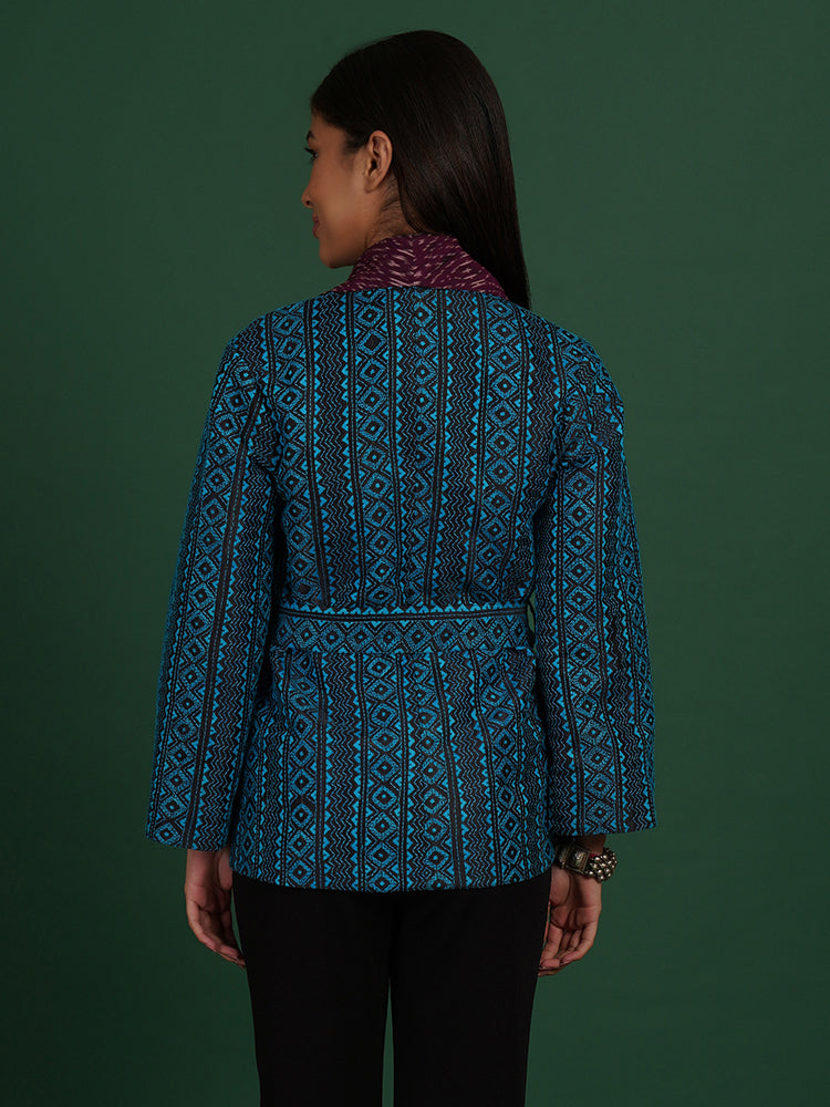 BLUE KANTHA PURPLE IKAT COTTON SHORT JACKET