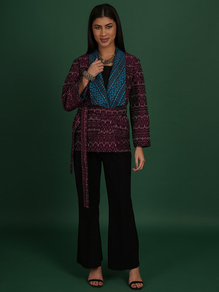 BLUE KANTHA PURPLE IKAT COTTON SHORT JACKET