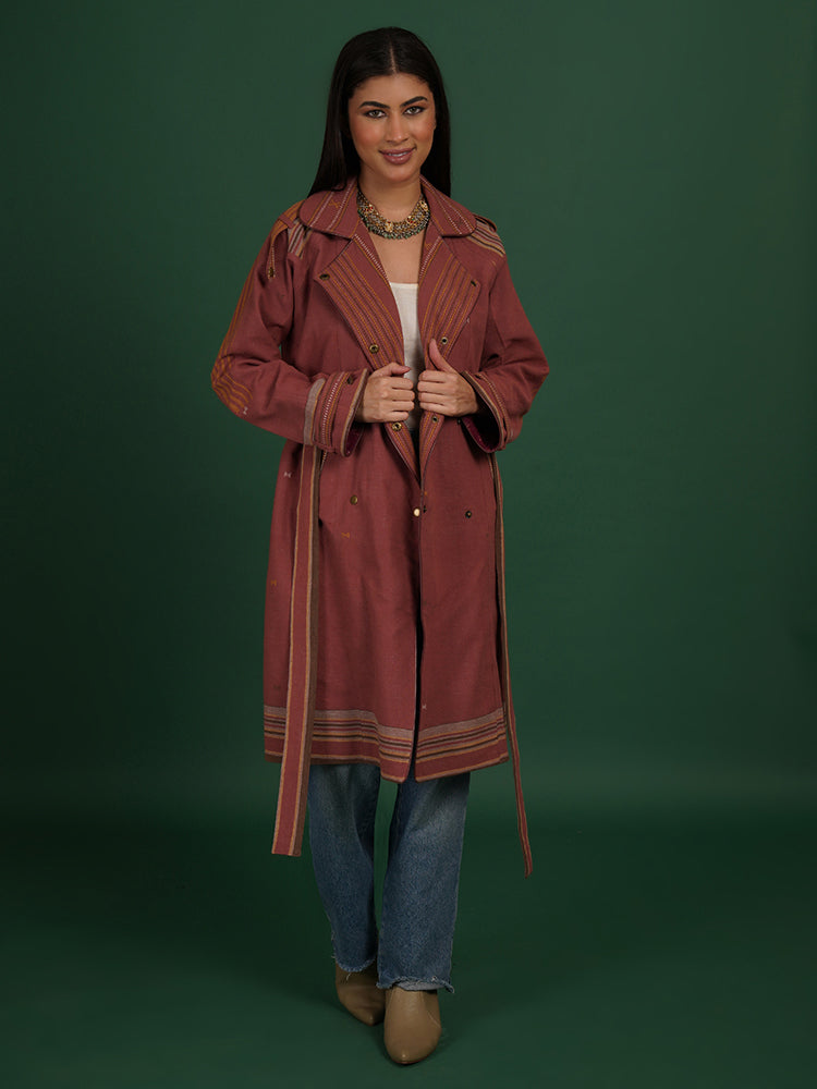 RUST BHUJUDI PURPLE IKAT COTTON TRENCH JACKET