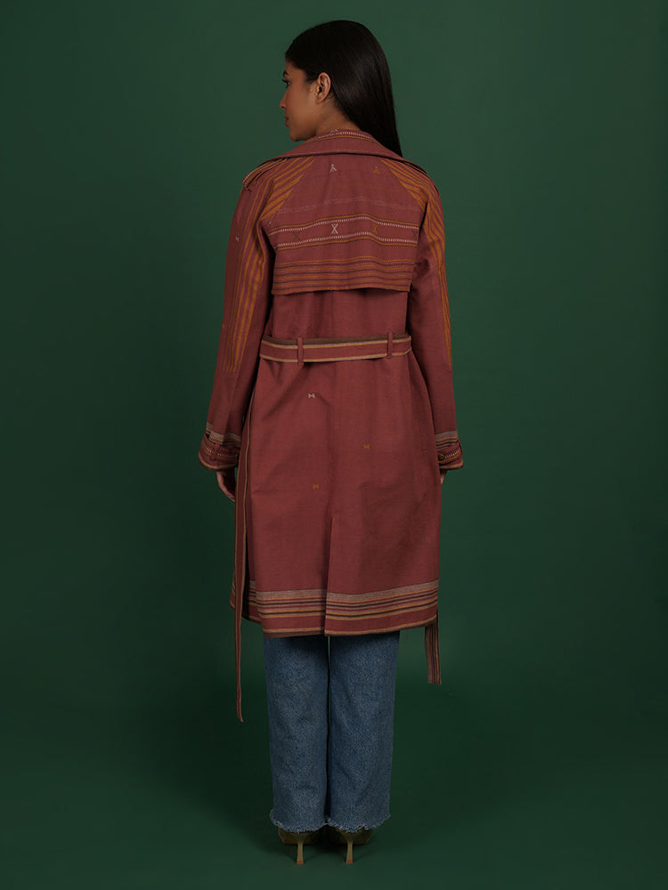 RUST BHUJUDI PURPLE IKAT COTTON TRENCH JACKET