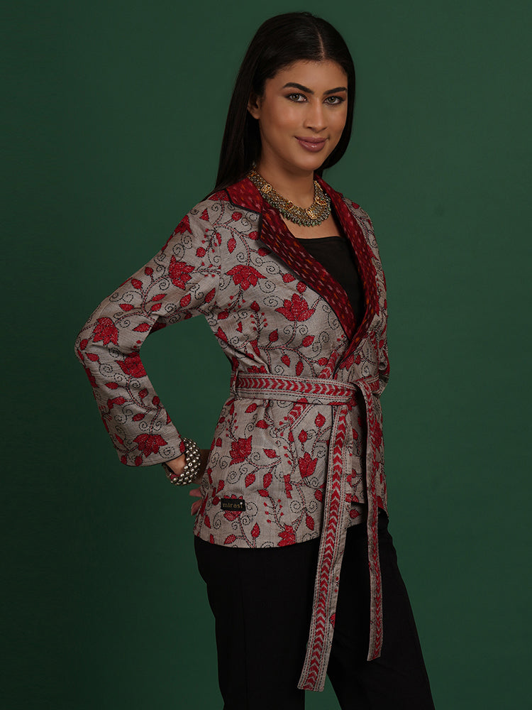 GREY KANTHA & RED RAW SILK IKAT SHORT JACKET