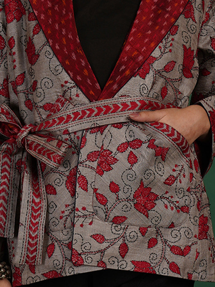 GREY KANTHA & RED RAW SILK IKAT SHORT JACKET