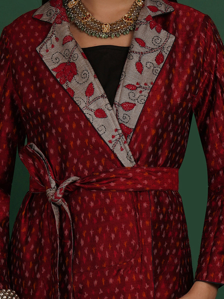GREY KANTHA & RED RAW SILK IKAT SHORT JACKET