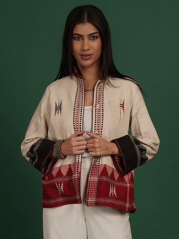 OFF WHITE MAROON KOTPAD IKAT COTTON SHORT JACKET