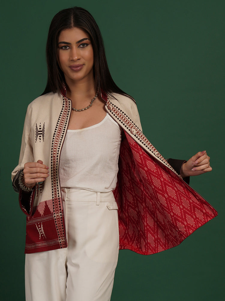 OFF WHITE MAROON KOTPAD IKAT COTTON SHORT JACKET