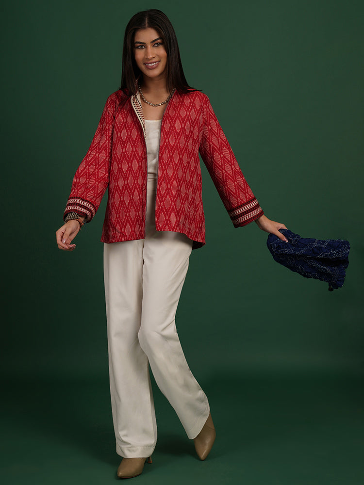 OFF WHITE MAROON KOTPAD IKAT COTTON SHORT JACKET