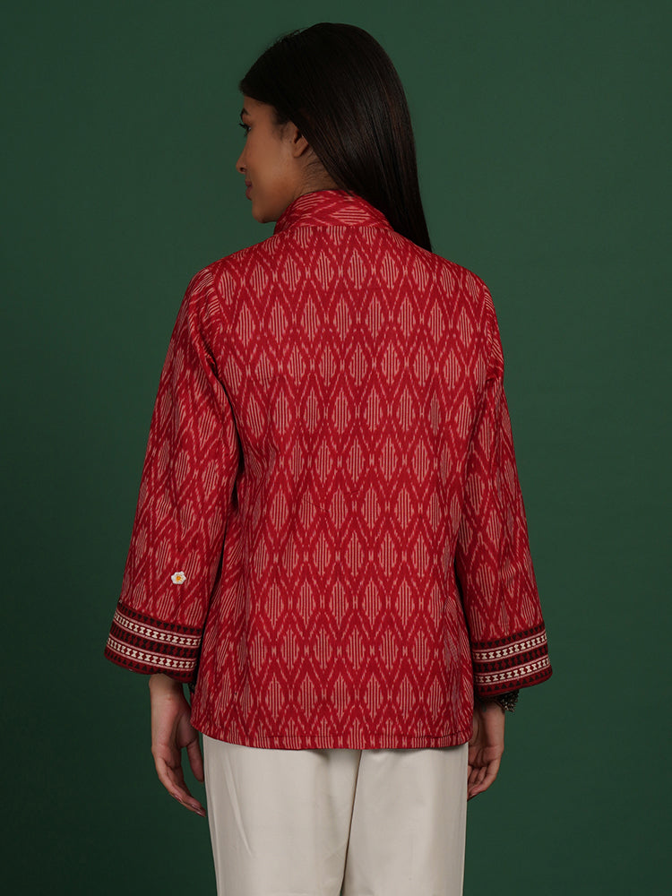 OFF WHITE MAROON KOTPAD IKAT COTTON SHORT JACKET